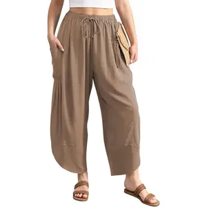 Women's Linen Harem Pants Casual Loose Drawstring Elastic Waist Summer Beach Travel Vacation with Pockets