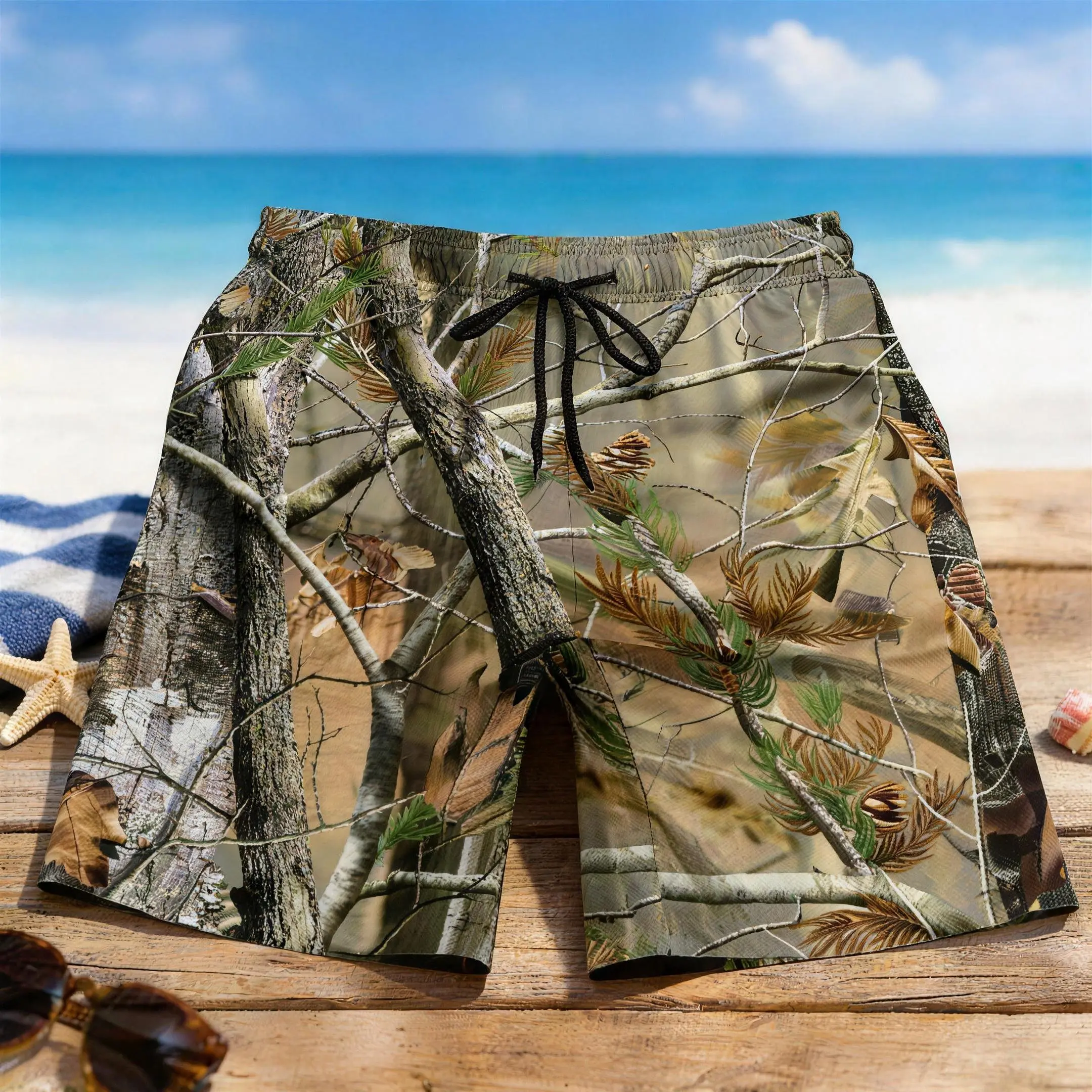 Men's swim trunks beach shorts camouflage tree pattern elastic soft lightweight swimming shorts quick-dry swimwear outdoor vacation casual sports shorts