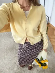Women's Y2K Style Fitted Long Sleeve Knit Top, Solid Color Button Front Cardigan Knitwear, Casual All-Season Outerwear for Spring Fall Winter