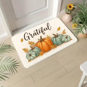Halloween Welcome Door Mat - Grateful Pumpkins & Leaves Design, Durable Polyester Flannel, Machine Washable, Rectangular Home Decor for Front Door, Kitchen, Bathroom - Perfect Gift for Family & Friends, Halloween Decorations