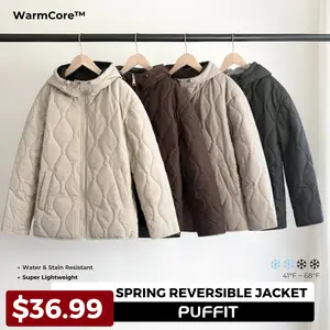 PUFFIT WarmCore Premium Womenswear Reversible Design Machine Washable Quilted Coat  Water Repellent and Stain-Resistant Adjustable Drawstring Hooded,Long Sleeve Casual Spring Fall Jacket