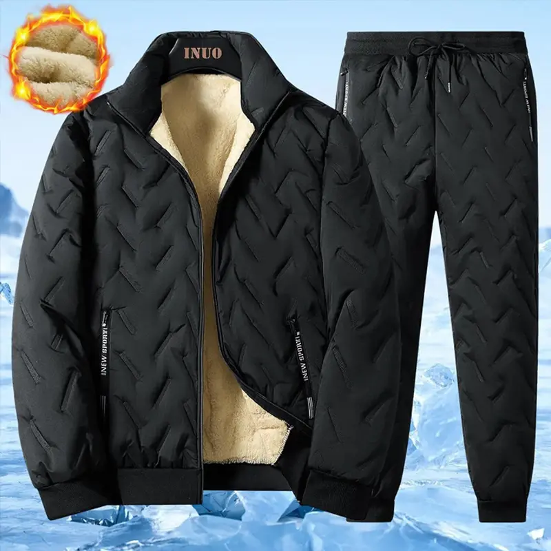 Men’s winter casual set: fleece-lined warm jacket, fleece-lined pants, windproof design, thick plush lambswool cotton garment.