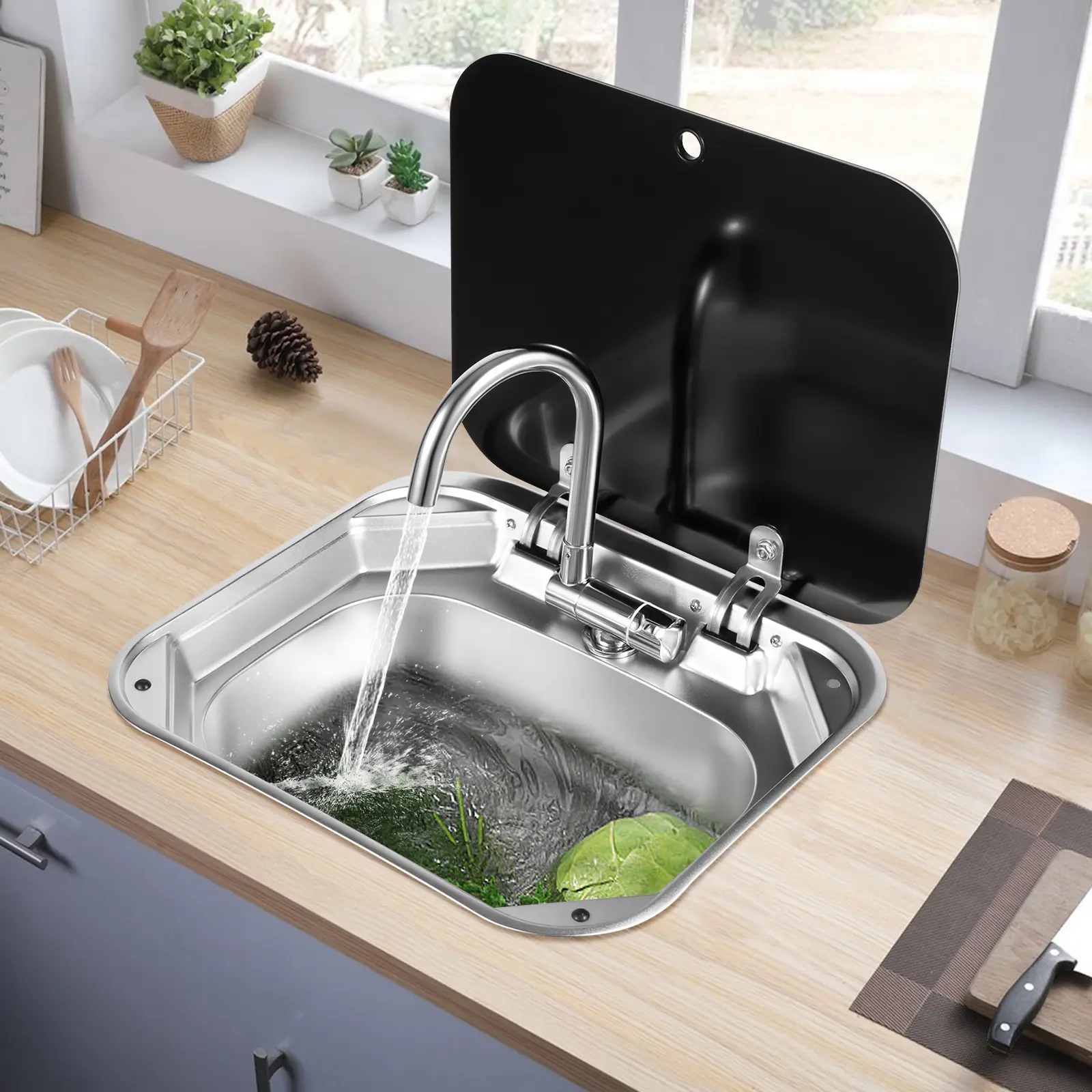CNCEST Stainless Steel Smart Single Bowl Kitchen Sink - Compact Modern Hand Wash Basin with Foldable Faucet, Lid, Easy to Install for RVs, Bars