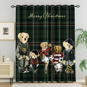 Teddy Bear Plaid Blackout Curtains, Triple Weave Thermal Insulated Noise Reducing Window Drapes, Merry Christmas Preppy Style Curtains for Teens, Kids Bedroom & Living Room (2 Panels)