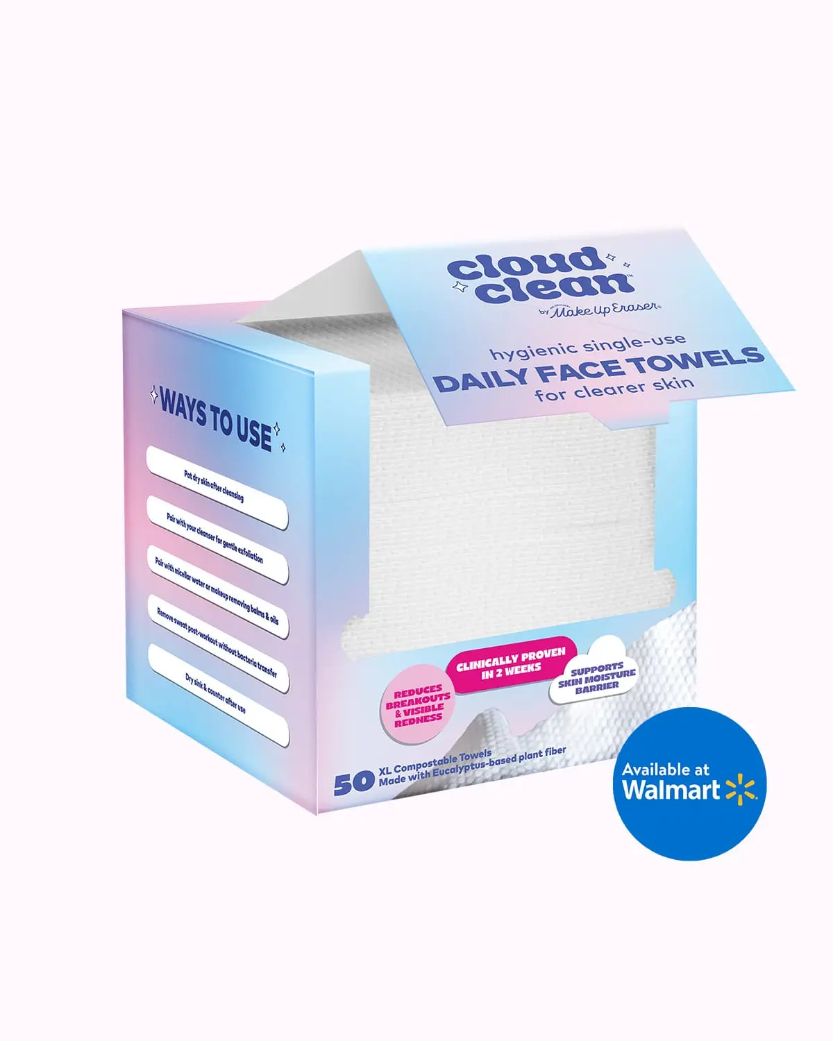 Cloud Clean Daily Face Towels 50ct - Hygienic, Ultra-Soft & Gentle, Compostable Face Towels for Clearer Skin