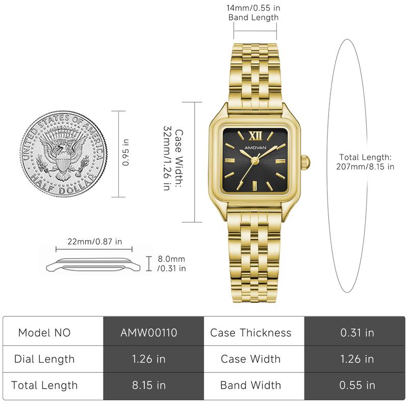 AMOVAN Gold Stainless Steel Bracelet Watch with Black Dial and Roman Numerals