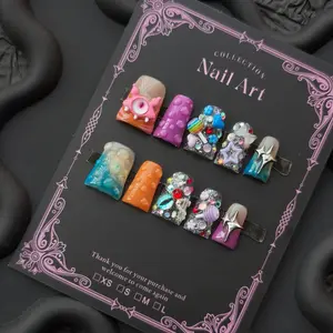 Cartoon Monster & Eye Design Press on Nails, Colorful Fake Nails with Nail File & Tape, DIY Nail Art Kit for Women & Girls