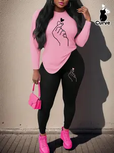 【Plus Size】 Two-Piece Set Cartoon Heart Print Tee & Skinny Pants, Casual Round Neck Long Sleeve Top & Trousers for Daily Wear, Women's Two-piece Outfits for Fall & Winter