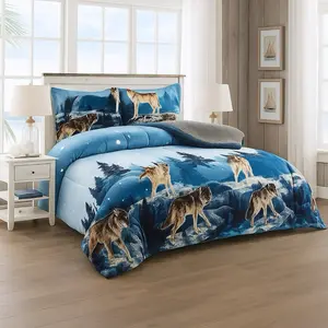Wolf Theme Queen Sherpa Fleece Blanket Borrego Bedding Set 3PC - Cozy Home Decor Featuring Wolves