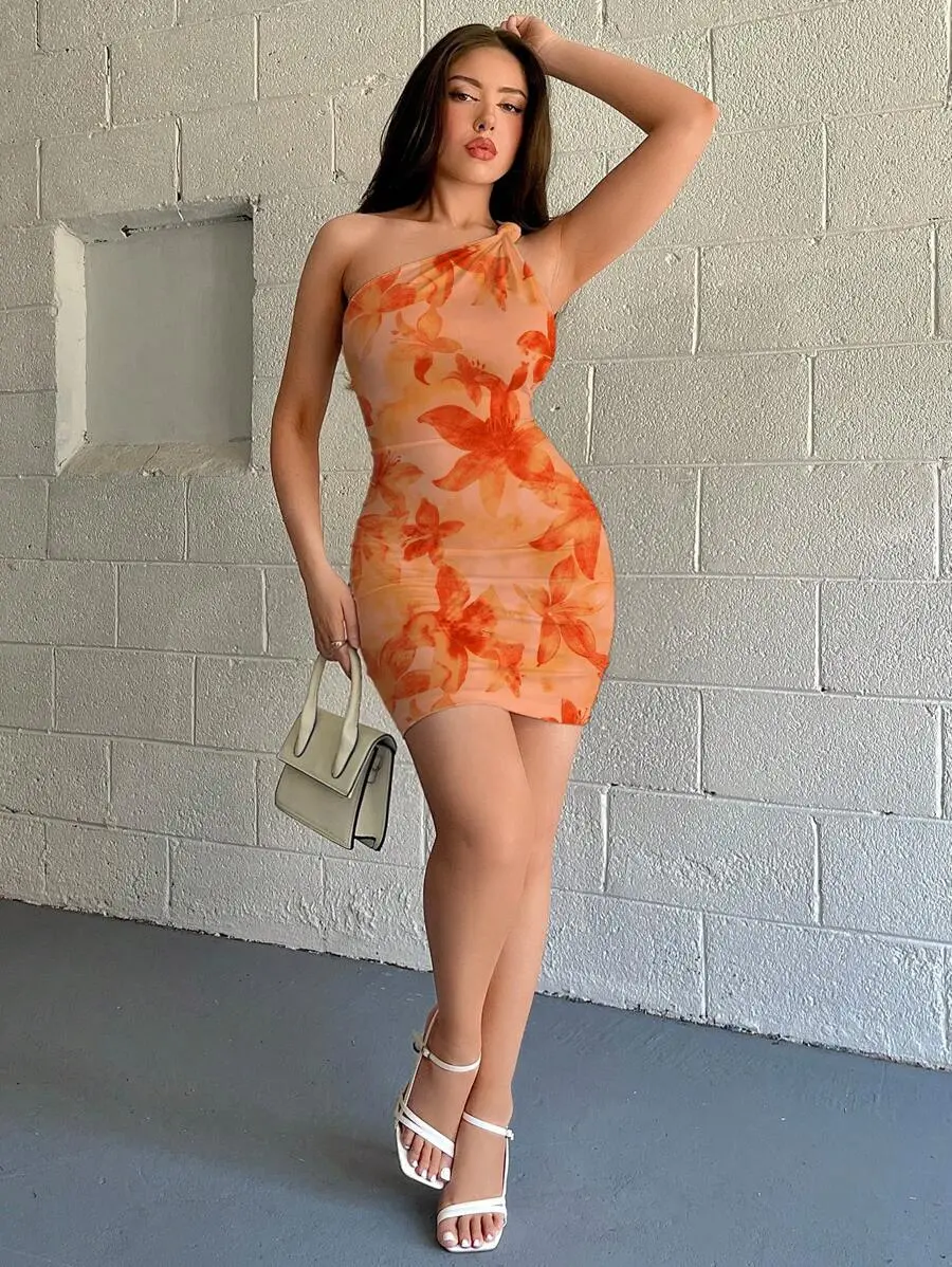 LURELLE Women's 70's Elegant Sexy One Shoulder Peach Floral Bodycon Dress, Summer Beach Night Vacation Party Disco Club Chic Tropical Maxi Outfits