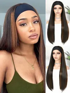 Women's Straight Headband Wig, Mix Color, Heat Resistant Synthetic Hair, Full Machine-Made Design for Daily Parties Cosplay