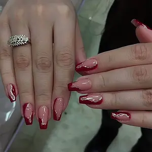 24pcs Wine Red Press On Nails French Tip With High Quality Glitter, High-end Design For Nail Lovers Daily Party, Photoshoot, Festival Styling