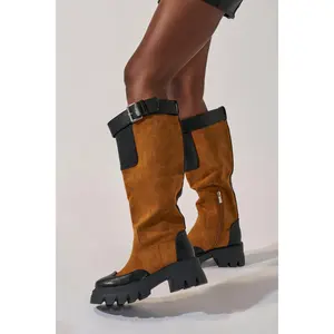 AZALEA WANG DALILA COLOR BLOCKED FLATFORM BOOT IN COGNAC