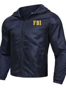 Men's Hooded Windbreaker with Fbi Print, Slim-Fitting Casual Sun Suit, All-Season Wear for Urban Style