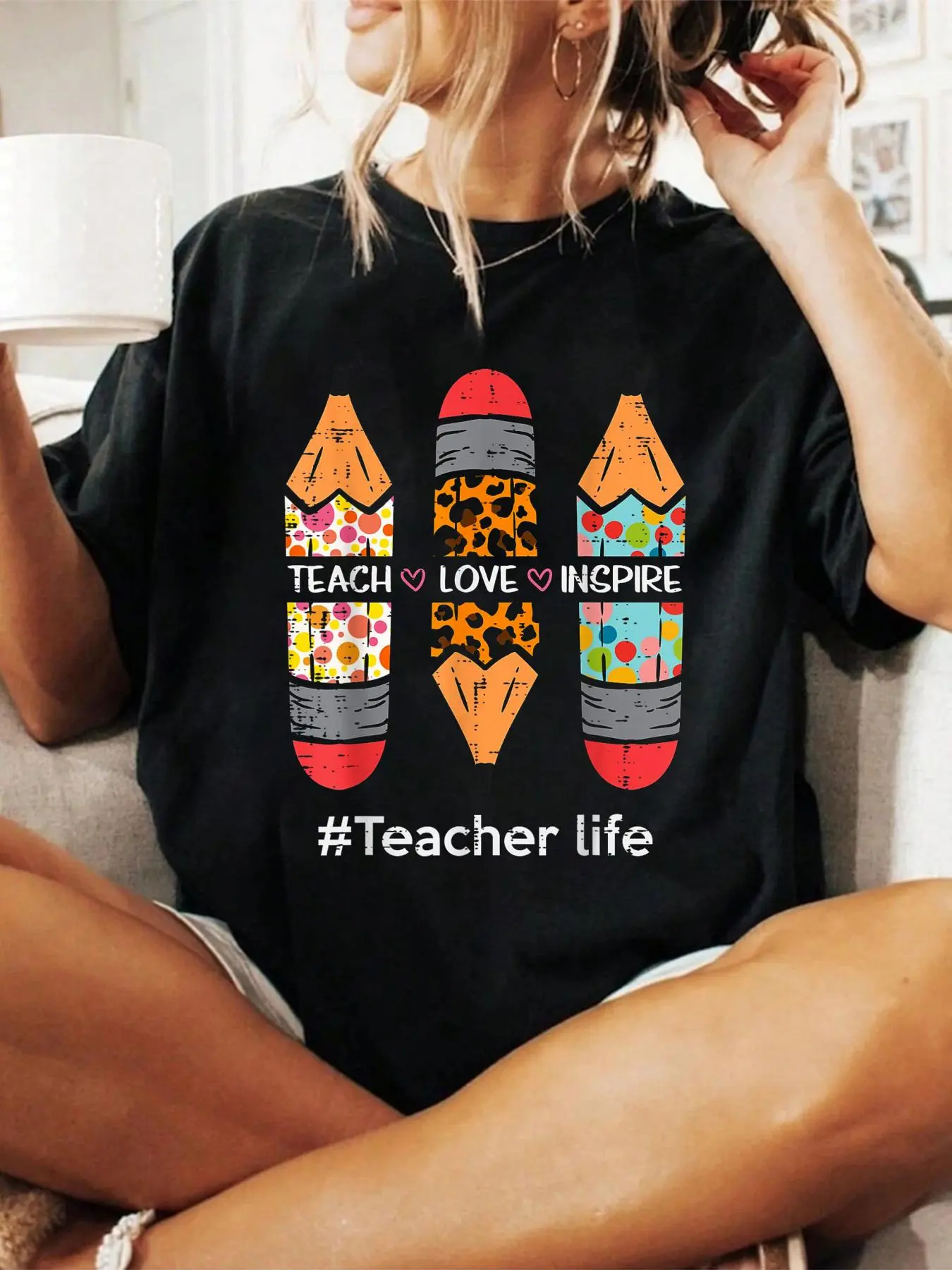 Teacher Life Teach Love Inspire Pencils Inspirational Women T-Shirt Print T-Shirt Casual Crew Neck Short Sleeve Comfort Tee Top For Spring & Summer Women's Clothing