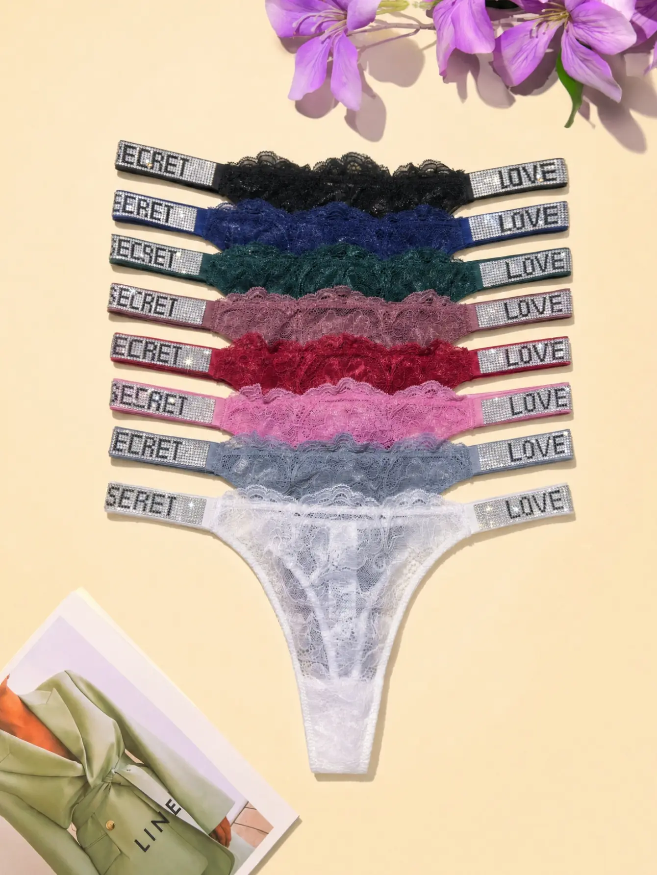 4 PACKS Women’s Lace Rhinestone Thong Panties – Sparkly “SECRET LOVE” Crystal Strap G-String, Sheer Floral Lace Low Rise T-Back Underwear, Soft Breathable Stretchy Lingerie for Everyday & Special Occasions