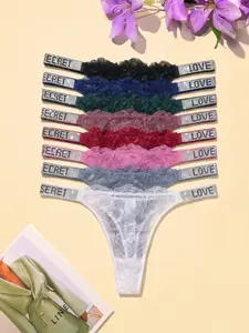 4 PACKS Women’s Lace Rhinestone Thong Panties – Sparkly “SECRET LOVE” Crystal Strap G-String, Sheer Floral Lace Low Rise T-Back Underwear, Soft Breathable Stretchy Lingerie for Everyday & Special Occasions