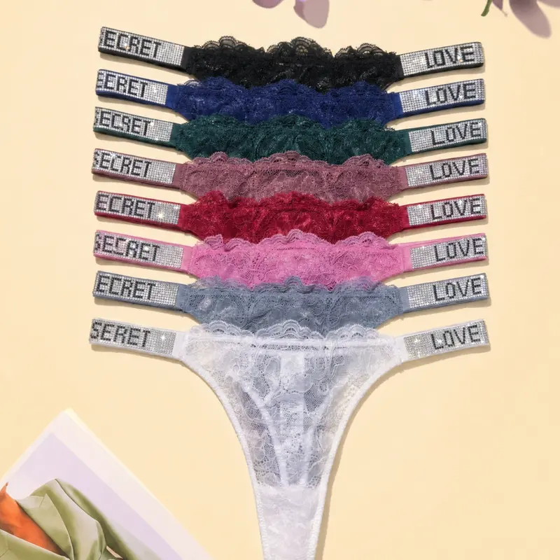 4 PACKS Women’s Lace Rhinestone Thong Panties – Sparkly “LOVE SECRET ” Crystal Strap G-String, Sheer Floral Lace Low Rise T-Back Underwear, Soft Breathable Stretchy Lingerie for Everyday & Special Occasions