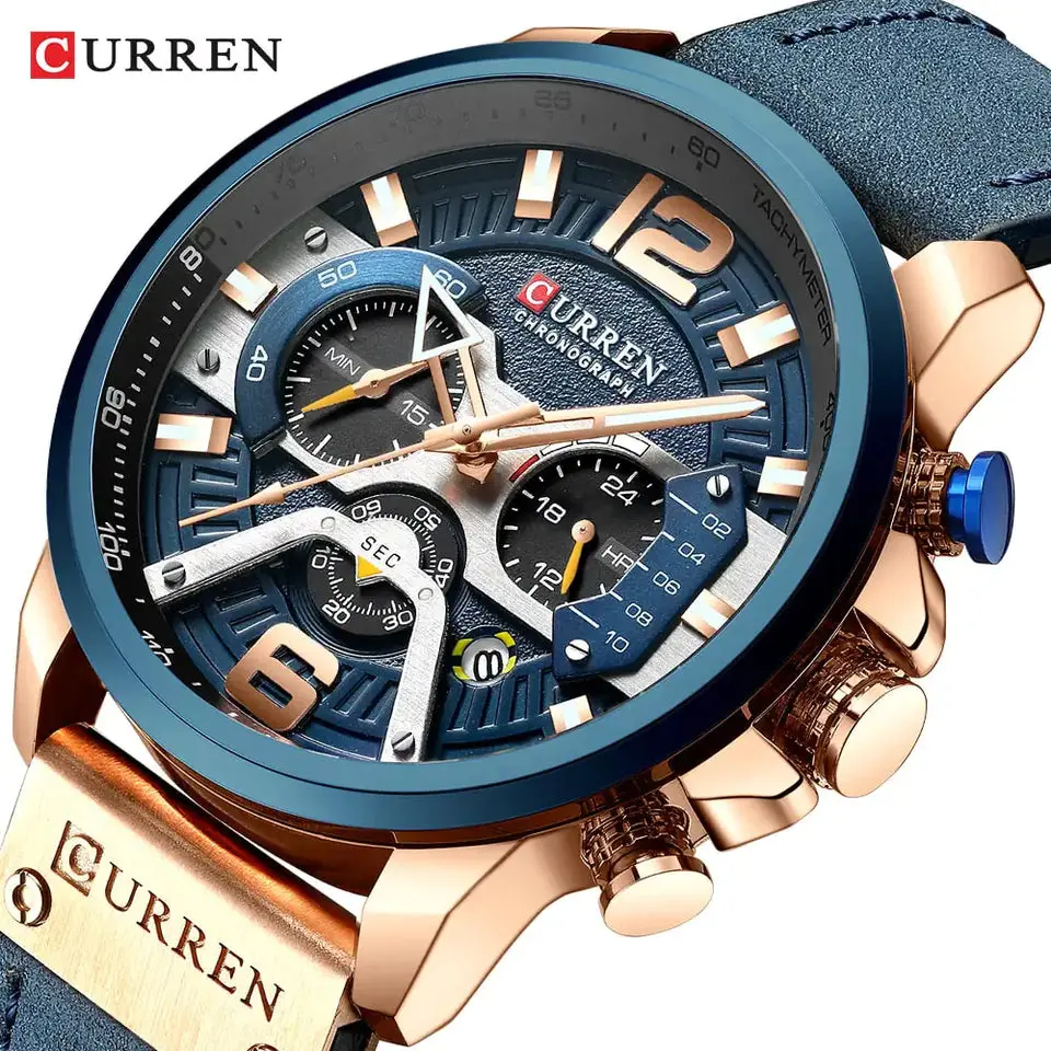 CURREN Men Leather Strap Military Watches Men's Chronograph Waterproof Sport Wrist Date Quartz Wristwatch Gifts