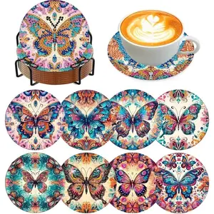 Butterfly Pattern Diamond Embroidery Coaster Set, Glittering Rhinestone Heat Resistant Drink Mats with Stand, DIY Craft Supplies