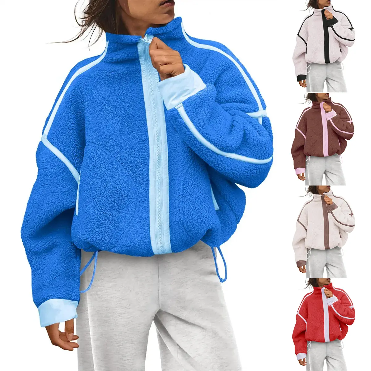 WoodBerry Womens Fleece Zip Up Jacket Color Block Striped Fuzzy Sherpa Casual Teddy Coat Loose Fall Winter Outerwear with Side Pockets and Drawstring Hem