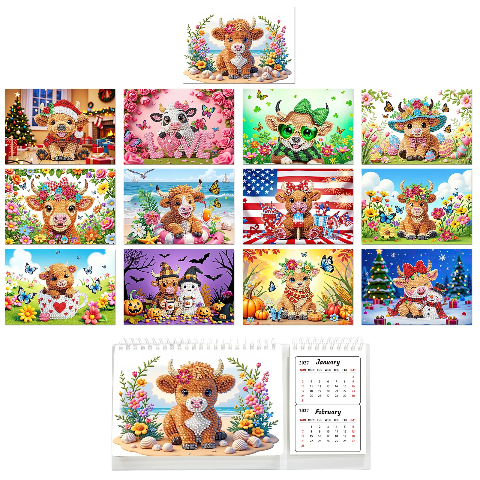 DIY Cow & Floral Rhinestones Diamond Painting Desk Calendar 2027-2028, 13 Exquisite Monthly Holiday Illustrations, Jan 2027-Dec 2028 Coverage, Markable Schedule Area, Dual-Use Crafting Table Ornament & Thoughtful Christmas Gift