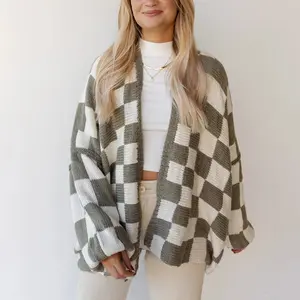Checkmate Oversized Cardigan - Green, Knitwear, Casual Style, Versatile Top, Perfect for Summer Wear Womenswear Checkerboard