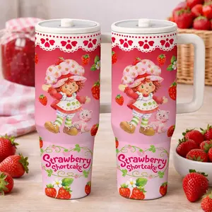 AuraCup 1pc 40oz Insulated Tumbler with Handle and Lid, Insulated Travel Drinkware, Strawberry Girl Cartoon Design Stainless Steel Travel Mug, Double Wall Vacuum Tumbler for Hot Cold Drinks, Large Capacity Gift for Aesthetic Lovers