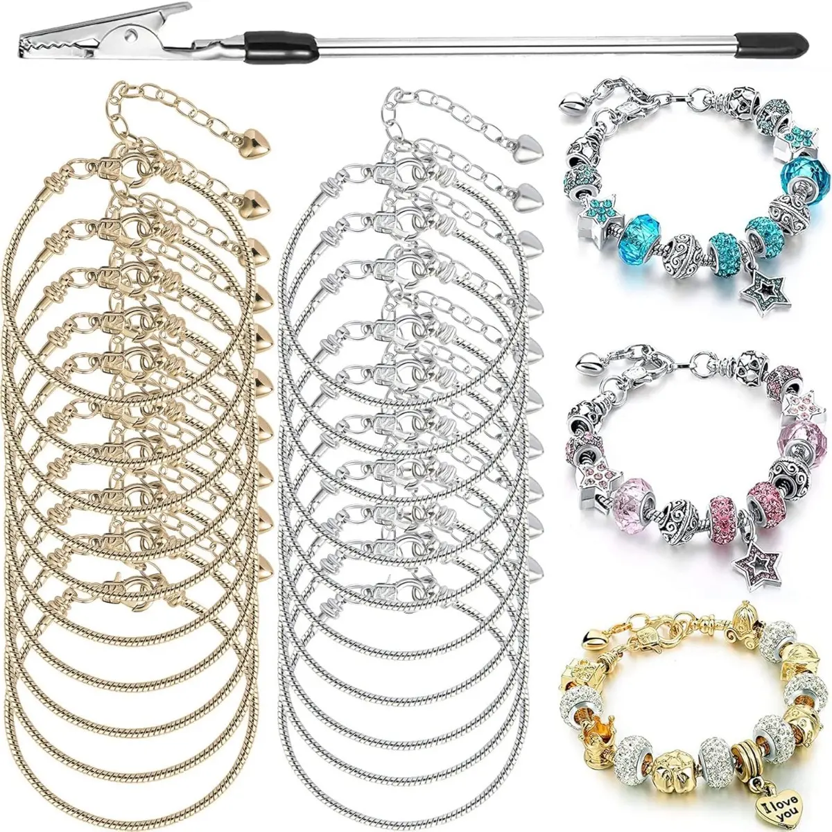 20pcs Adjustable Stainless Steel Snake Chain Charm Bracelets, with 1 Chain Bracelet wearing assistant| with Heart Extender for DIY Jewelry Making Crafts | Christmas, New Year, and Birthday Gifts