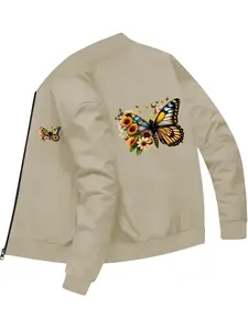 Fashion Trendy Women's Butterfly and Flower Printed Bomber Jacket for Daily Casual Outings and Versatile Wearing