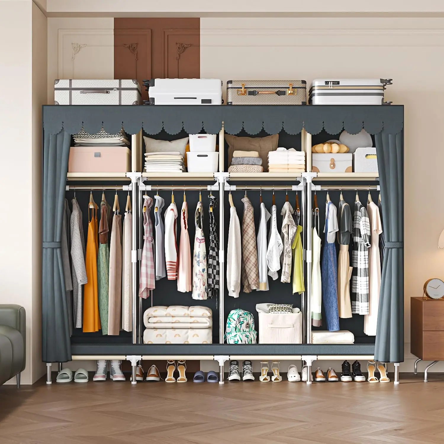 Covered Closet Rack Heavy Duty Covered Clothes Rack Portable Bedroom Armoires Rack Metal ...