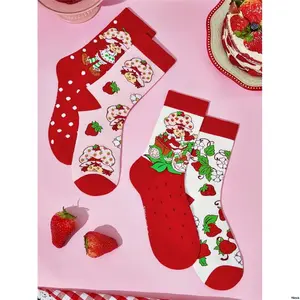 CuteDesigns - WearableAll HeelForDurability ReinforcedToe - StrawberryShortcakeXtiktok2PairsWomen sSoftBreathableStrawberryPatternMid CalfSocksWithAsymmetricDesign Season