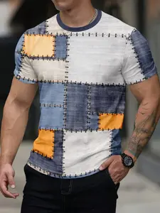 Men's Round Neck Short Sleeve T-Shirt, 3D Denim Ripped Print, Breathable Comfort Fabric, Summer Casual Top, Loose Fit, Geometric Pattern, Clothes, Streetwear, Menswear