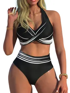 Women's Bikini Set Round Neck Crossed Chest Strap, Perfect for Beach Vacation Summer, Stylish Criss Cross Swimsuit for Women