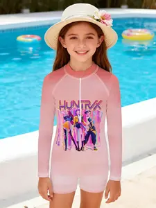 Girls' one-piece swimsuit "HUNTRX - Pink-Purple Girl Group Style" with gradient pink base + trendy and cool girl printed long sleeves. It's sweet, cool and stylish, fully enhancing the atmosphere of summer pool/sea side outfits. Sea Fancy Swimsuits