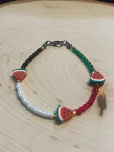 Watermelon Seed Handmade Bracelet with 8/0 Black White Red Green Beads Gunmetal Clasp & Extender Separated by Watermelon Charm