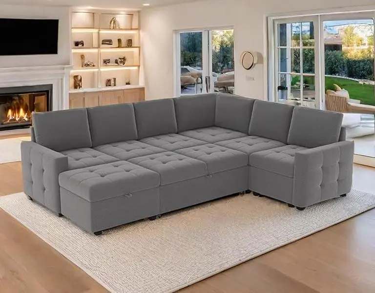 【5 Packages Shipping】EBELLO 105"Modular Sectional Sofa，with Pull Out Couch Bed,Deep Seat Linen Couch for Living Room, Beige & Gray ,Comfort & Stylish Design