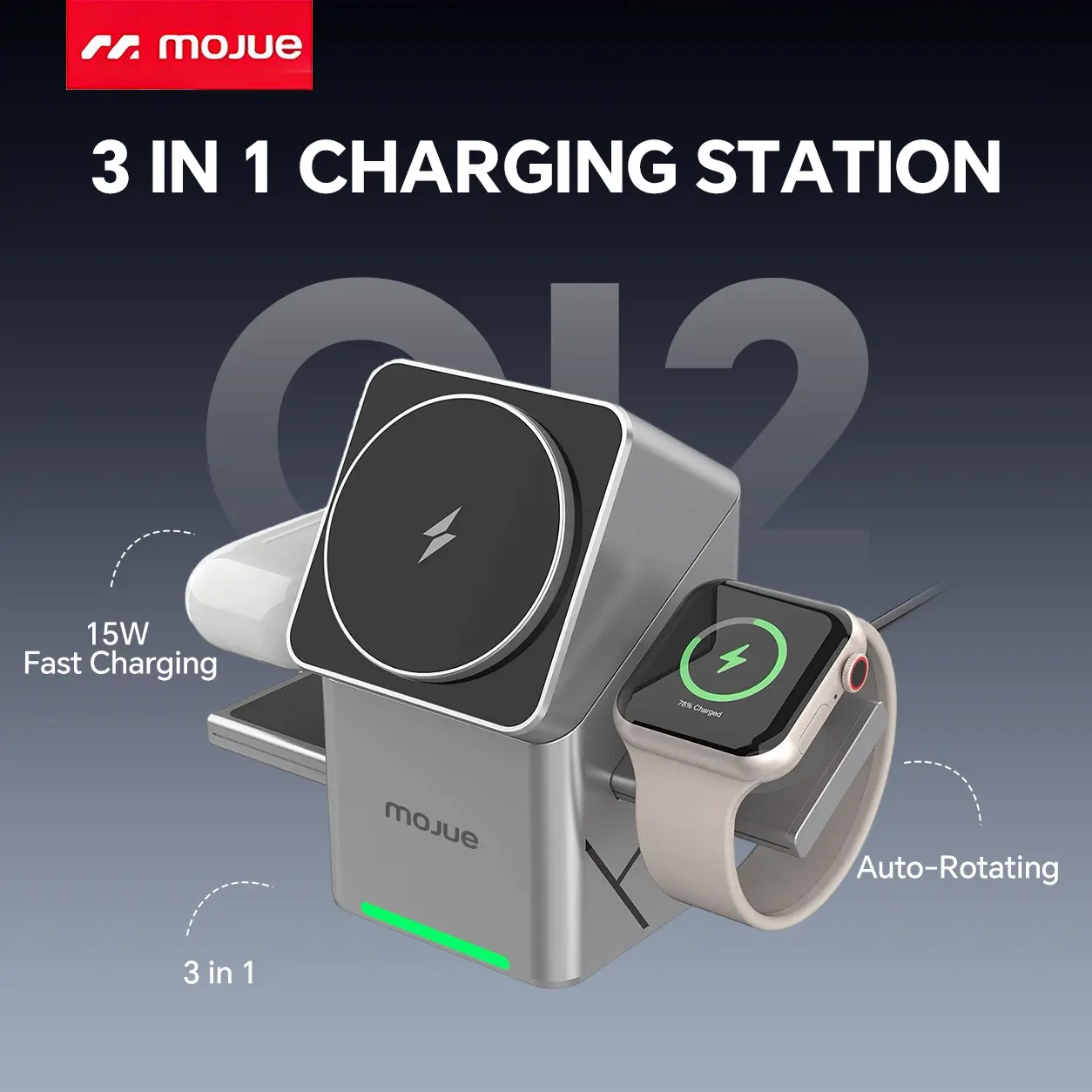 MOJUE 15W 3 in 1 Wireless Charger Station, Qi2 Certified MagSafe Compatible Rotating Charging Stand for iPhone 17/16/15/14/13/12 Series, Apple Watch and AirPods, Foldable Charging Dock with USB-C Cable Included
