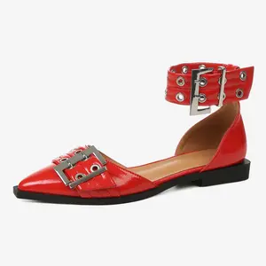 CELNEPHO Womens Ballet Flats Open Cut Pointed Toe Wide Ankle Buckle Strap Chunky Block Heel Casual Ballerina Shoes Block Heel Pumps