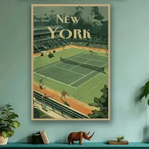 Vintage New York Tennis Court Canvas Art Print - Unframed Office, or Dorm |     Classic Sports-Themed Poster with Players & Court Setup |     Ideal Gift for Tennis Lovers, Tennis Decor