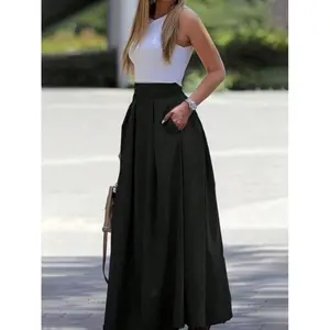 Women's Plain Plicated A Line Skirt, Casual Pocket Elastic Waist Long Skirt for Summer, Ladies Bottoms for Daily Wear, Skirts for Women