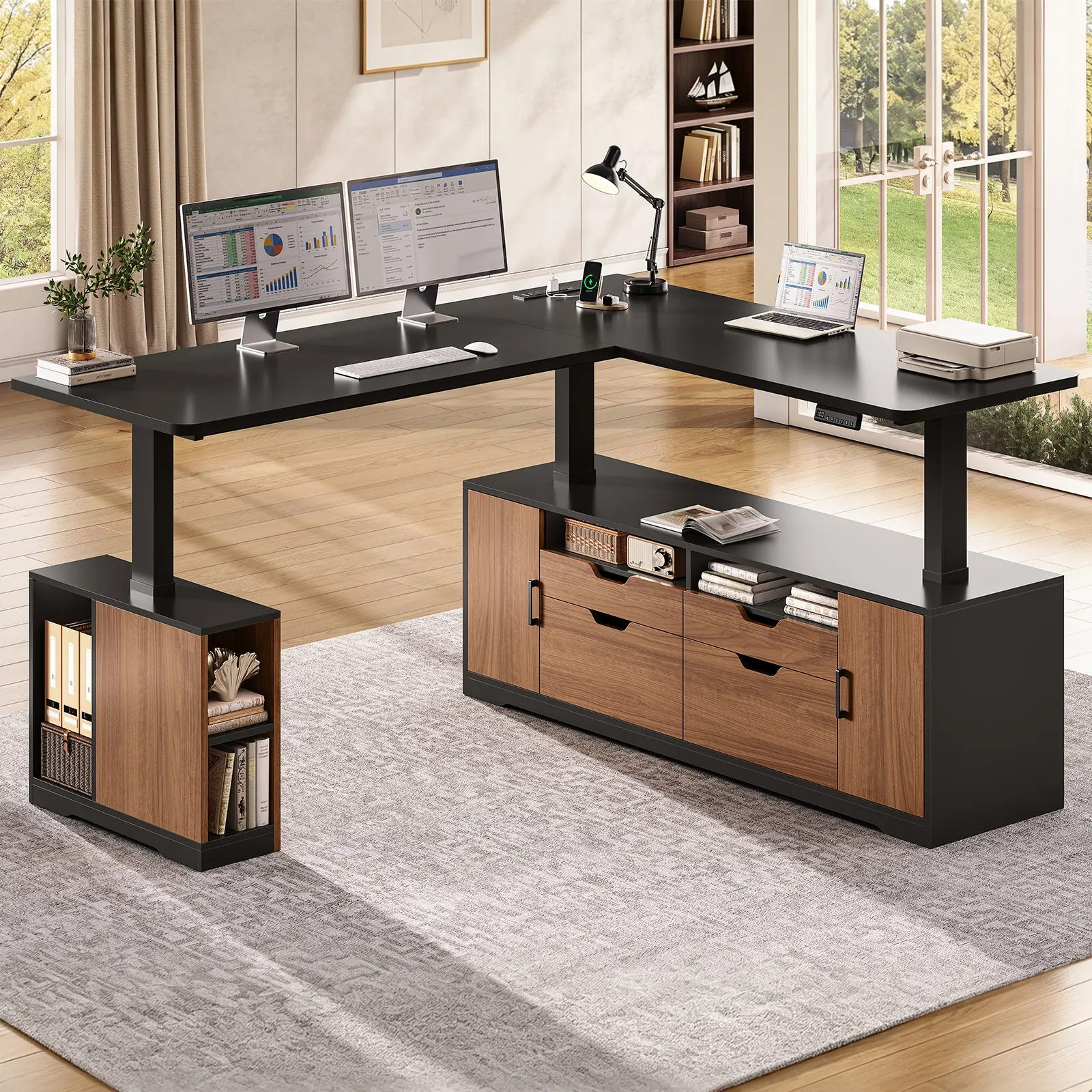 SEDETA Modern L Shaped Electric Standing Desk, 69" x 55" Height Adjustable Office Executive Desk with 4 Drawers and Storage Shelves, Sit Stand Computer Desk with Power Outlet
