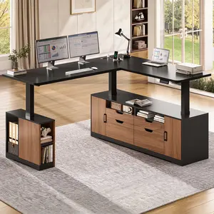 SEDETA Modern L Shaped Electric Standing Desk, 69" x 55" Height Adjustable Office Executive Desk with 4 Drawers and Storage Shelves, Sit Stand Computer Desk with Power Outlet