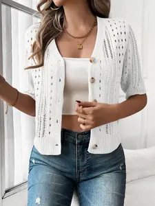 Summer Essential! Solid Color Breathable Short Sleeve Fitted Crochet Knitwear Cardigan, Boho Chic Womenswear, Hollow Knit Sweater, Beach Vacation & Daily Commute V Neck Top for Women