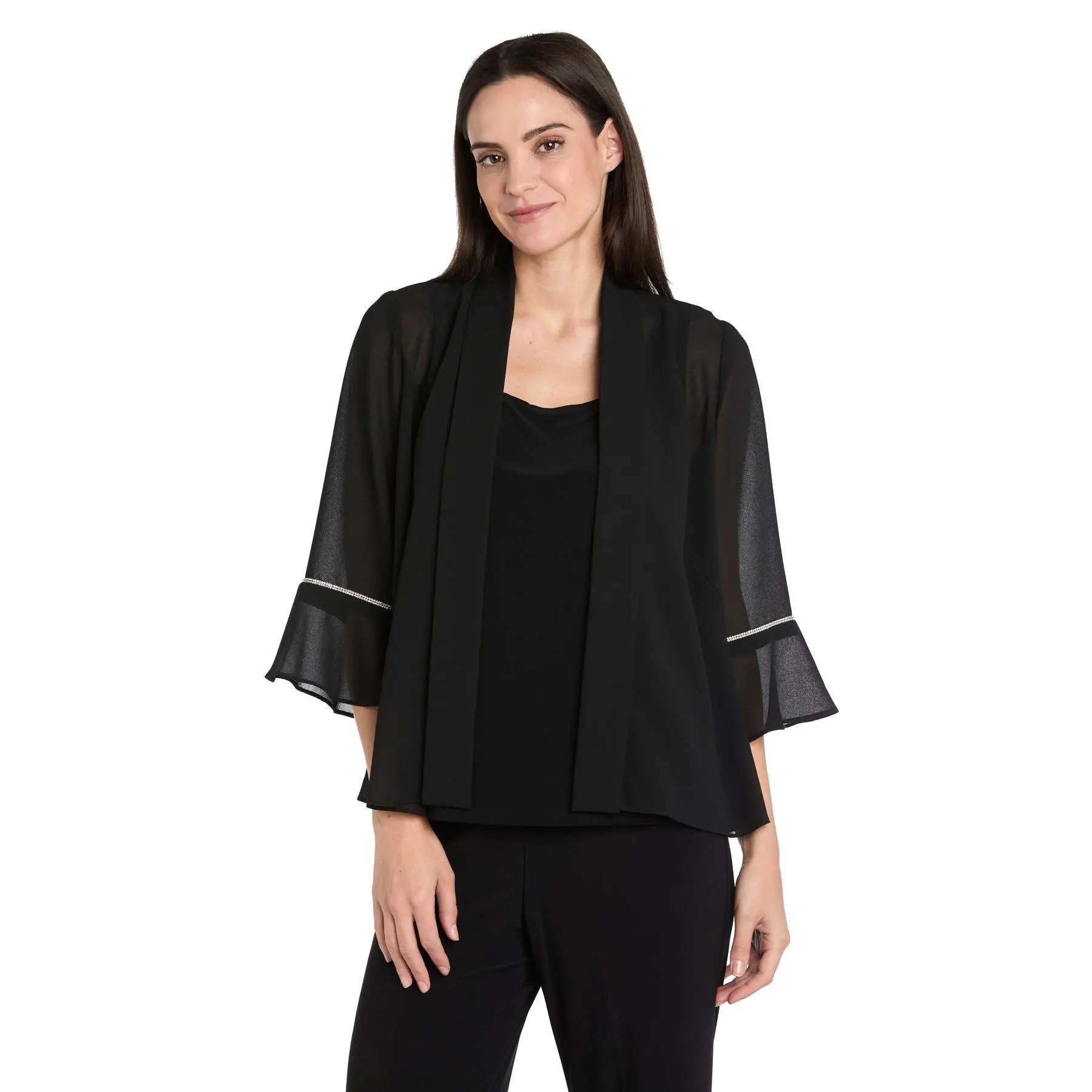Black Pebble Georgette Jacket with Rhinestone Sleeve Trim