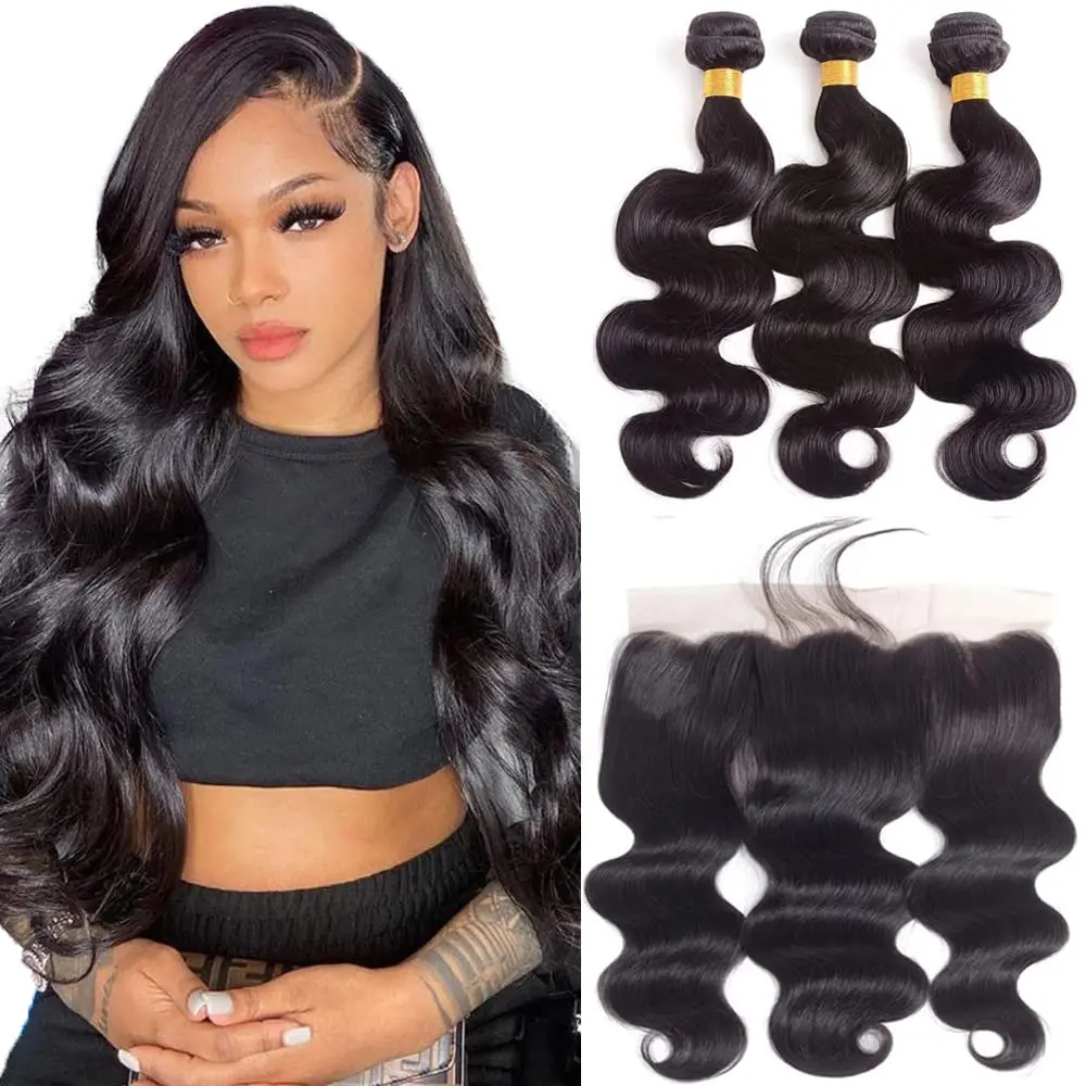 Body Wave Brazilian Virgin Human Hair Bundles with 13x4 HD Lace Frontal, Double Machine Weft, Natural Color, No Shedding Hair Extension (3 Bundles + 1 Frontal)