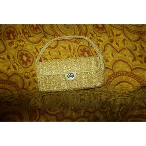 Vintage 1960s Butter Yellow Crochet Raffia Handbag Straw Flap Purse