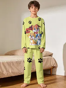 Cute Boys' 2-Piece Long-Sleeve and Long-Pajama Set with Puppy Paw Prints, Featuring Digital Printing and Flame-Retardant Fabric. This soft, skin-friendly casual loungewear ensures comfortable sleep for kids and is an ideal gift choice for boys.