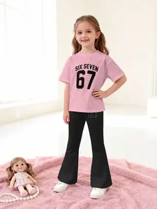Girls' Sweet Cool 67 Letter Number Short Sleeve Bell Bottom Set, Casual Fitted Top & Pants, All Seasons Wear