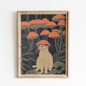 Cat With Mushroom Hat | Whimsical Cat Art | Fantasy Forest Art | Vintage Cat Mushroom | Cat Decor | Retro Cat Artwork | Woodland Cat Poster